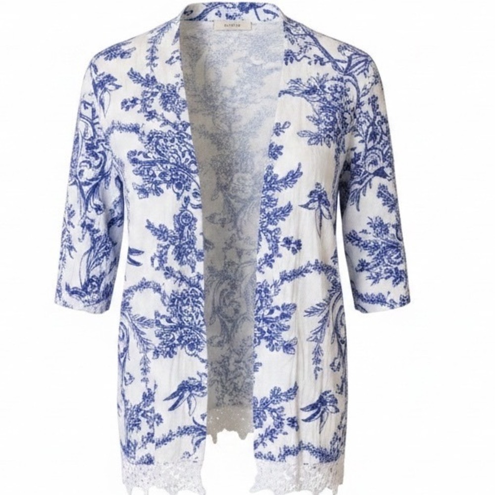 Gazebo  Blue White Floral Toile Kimono Cardigan Crochet Lace Trim 3/4‎ Sleeve